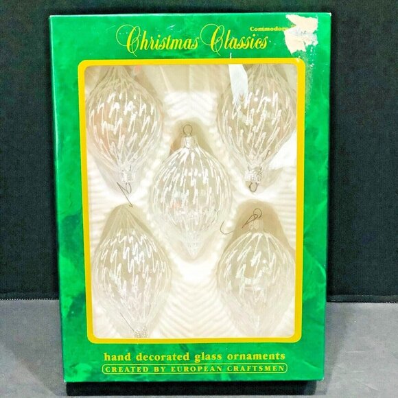 European Glass Christmas Ornaments Set of 5 Teardrop #7331 Commodore Hand Paint - Picture 2 of 6